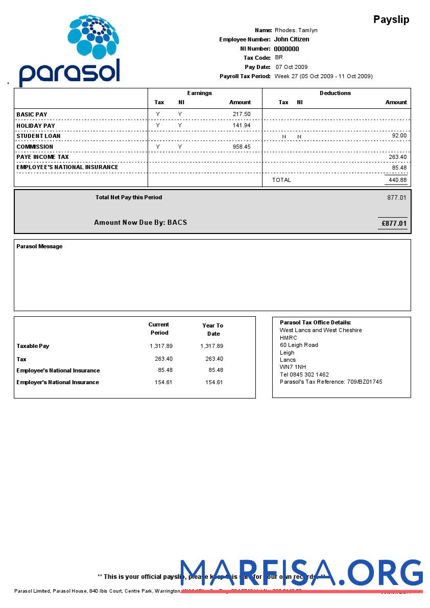 Parasol Limited paystub шаблон