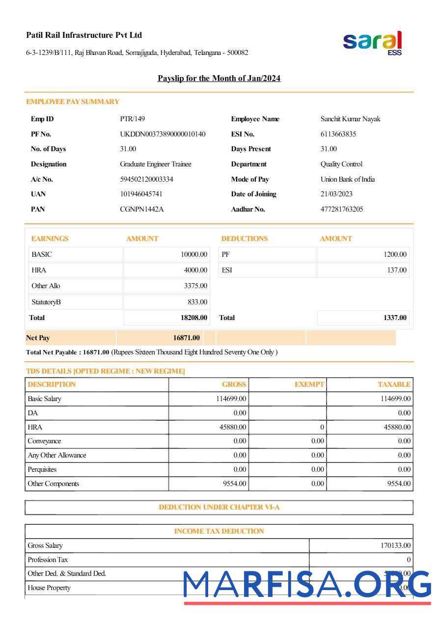 Patil Rail Infrastructure payslip шаблон