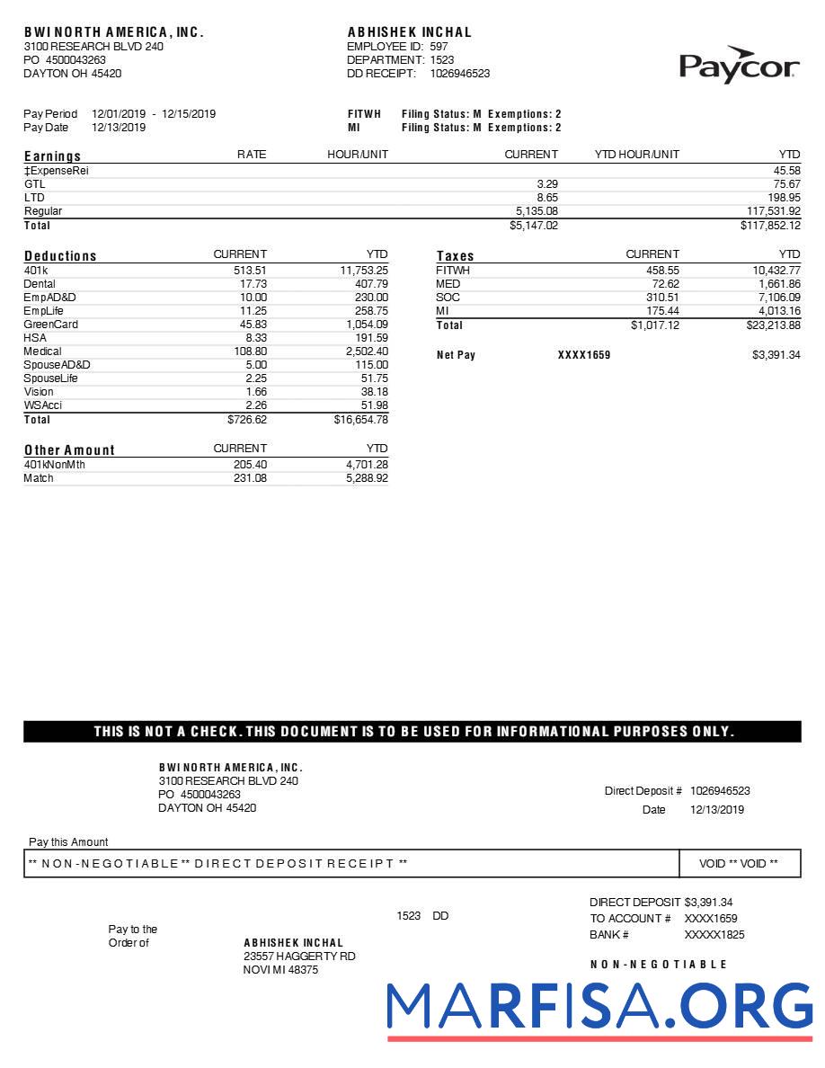 Paycor BWI North Америка, INC. earnings Выписка из банка макет