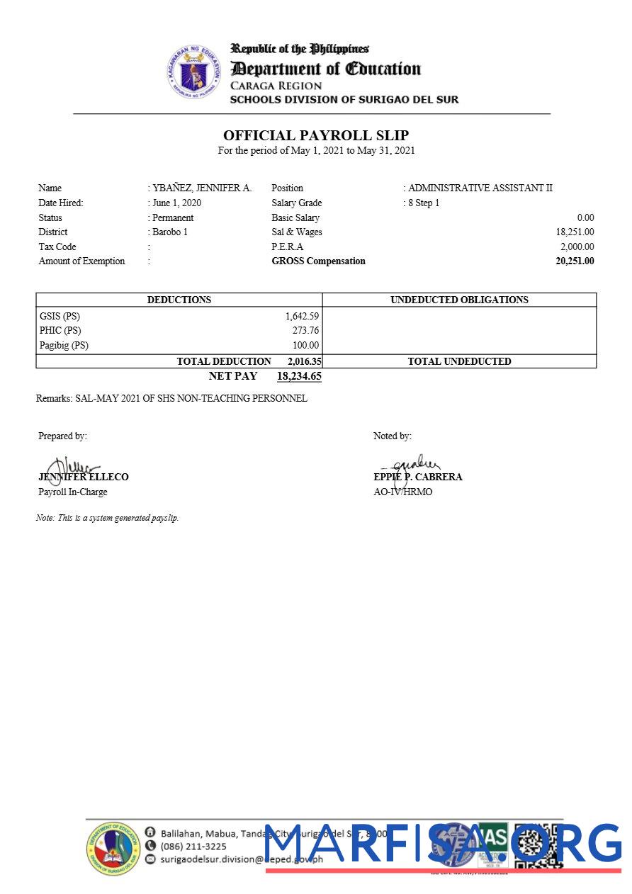 Филиппины Schools Division of Surigao Del Sur payroll slip шаблон