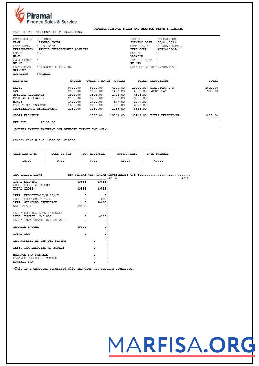 Piramal Financial Services payslip предпросмотр