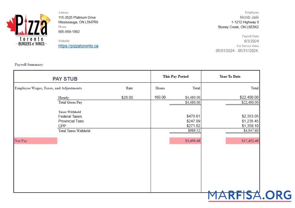 Pizza Toronto pay stub предпросмотр