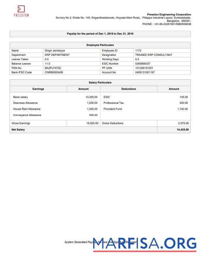 Presston инженерия Corporation pay stub дизайн