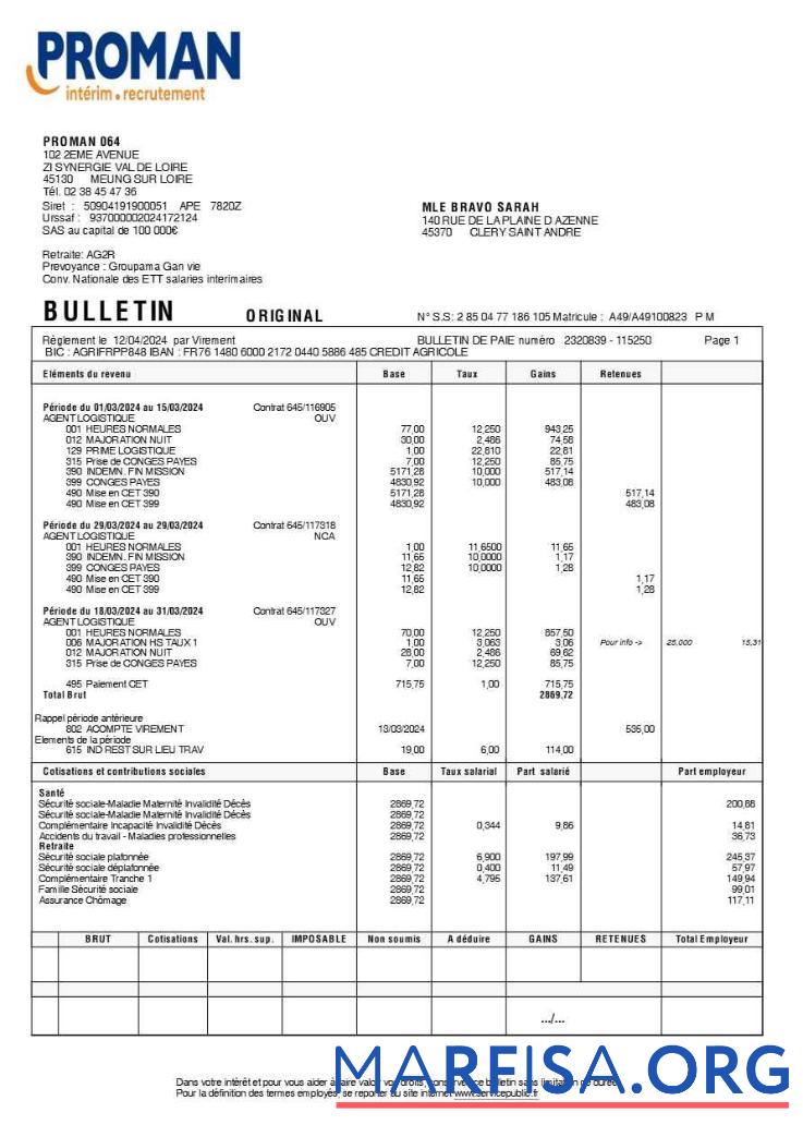 Proman recrutement payslip (in French language), Версия 2 образец