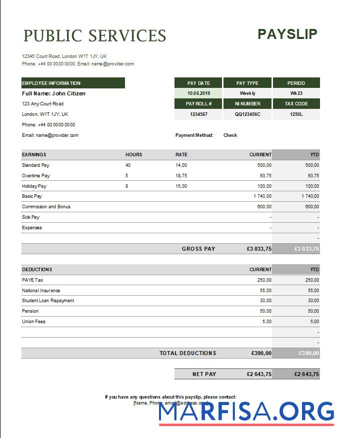 Public services corporation payslip макет