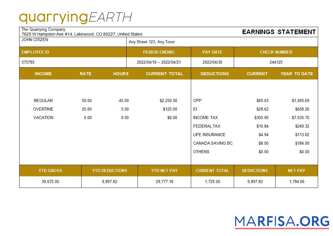 Quarrying Компания fully Редактируемый paystub макет