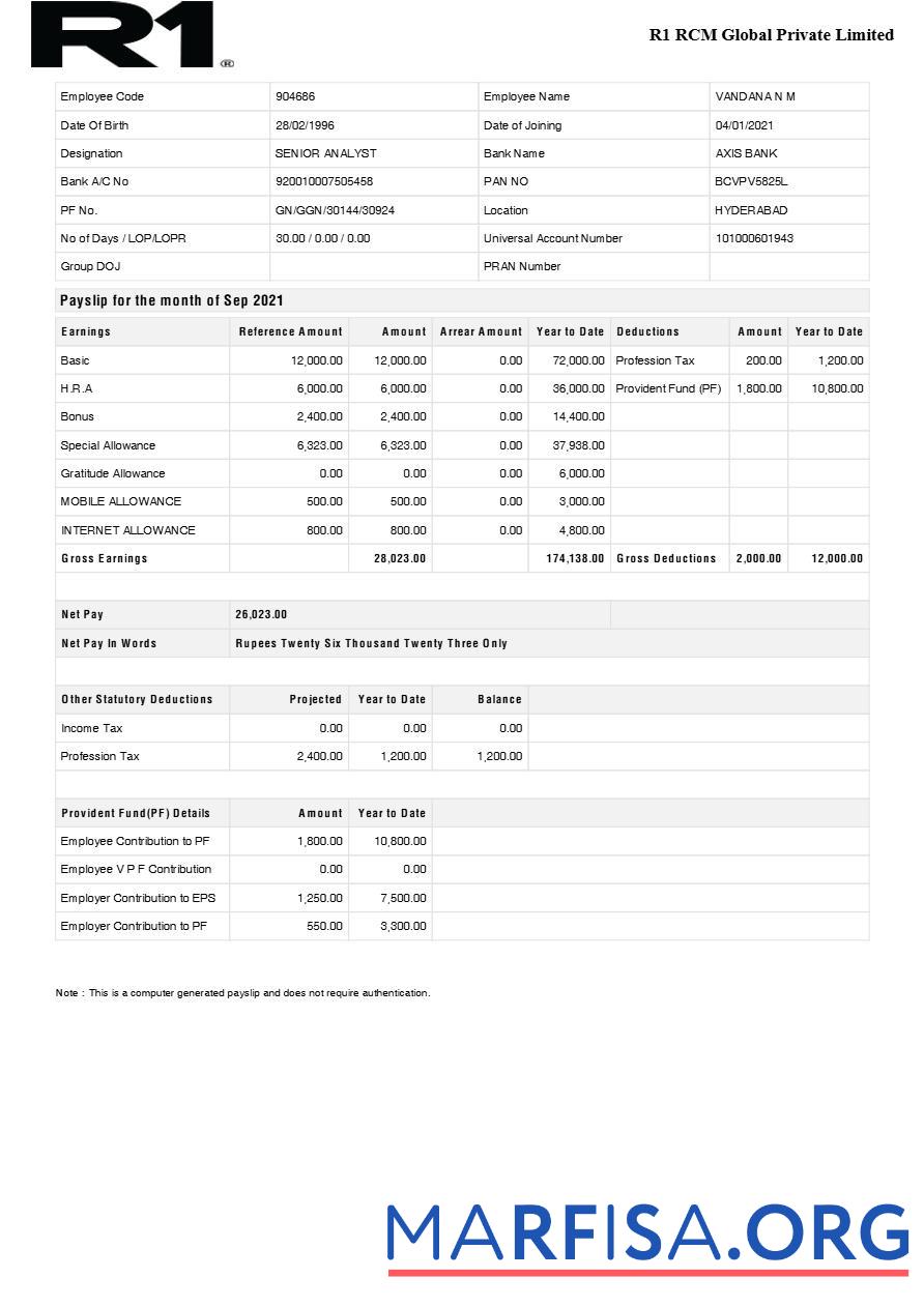 R1 RCM Global Pvt Ltd payslip шаблон