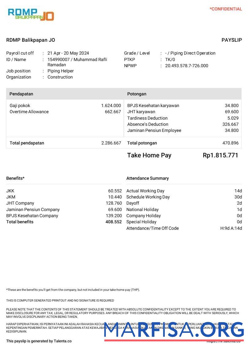 RDMP Balikpapan JO construction Компания payslip дизайн