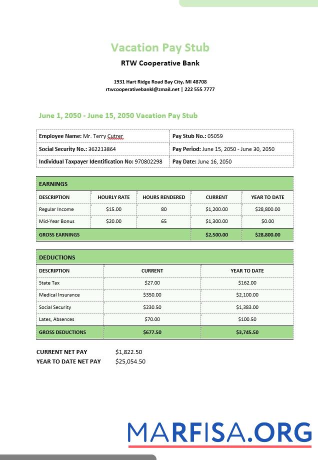 RTW Cooperative Банковский vacation pay stubs образец
