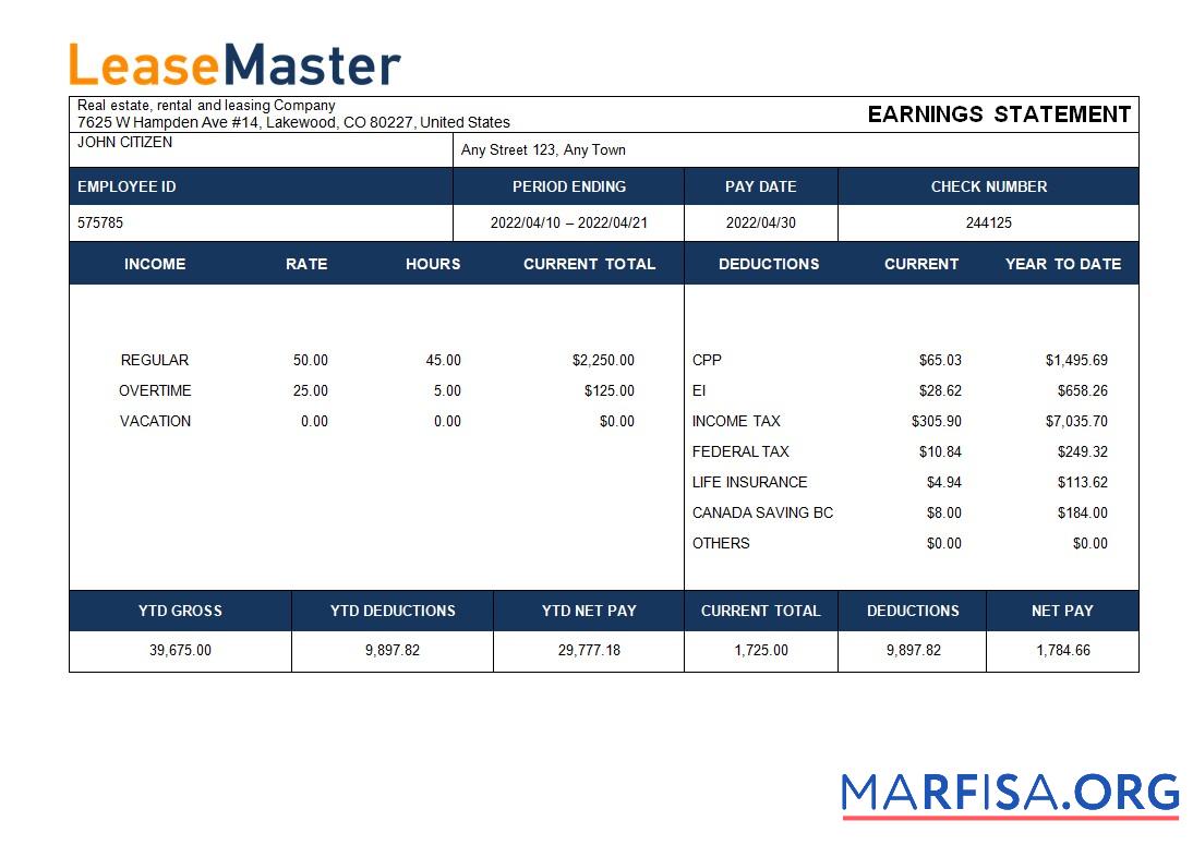 Настоящий estate, rental and leasing Компания payslip макет
