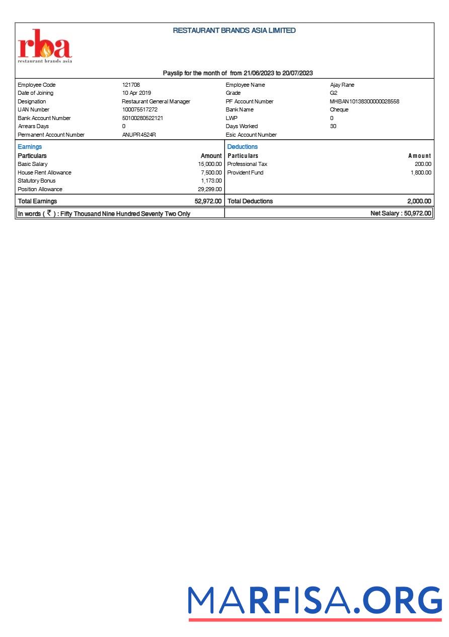Restaurant Brands Asia payslip макет