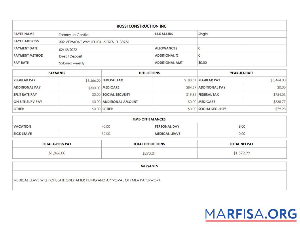 Rossi Construction Inc pay stub in PDF ad Word Форматы макет
