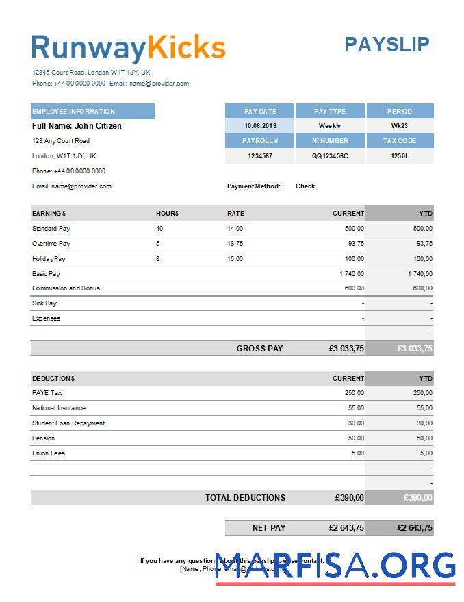 Runway Kicks Компания payslip предпросмотр