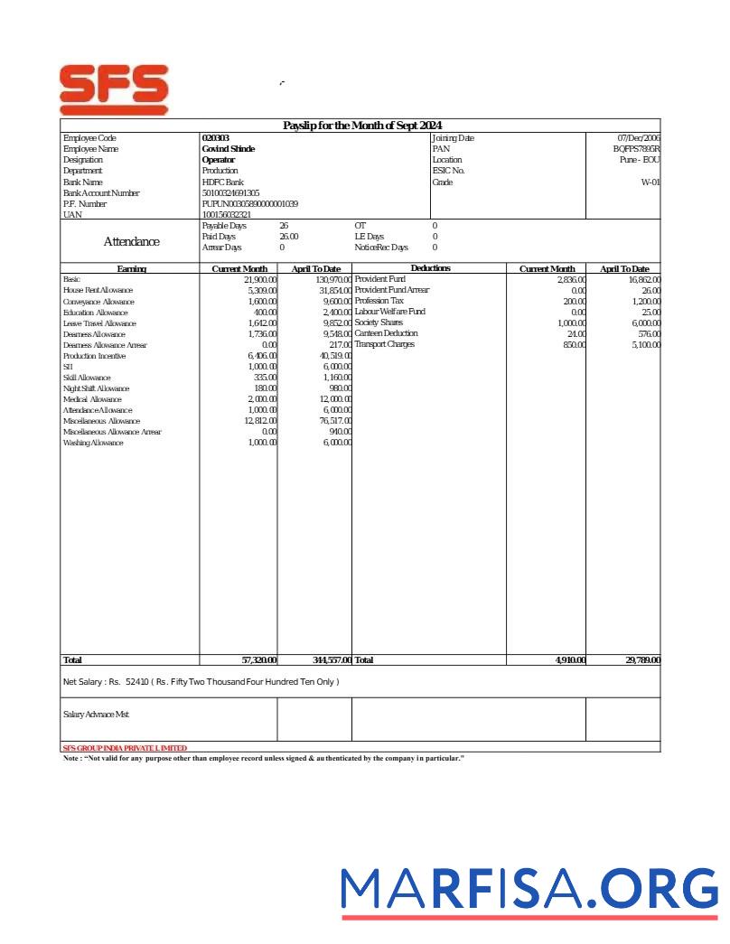 SFS Group payslip предпросмотр