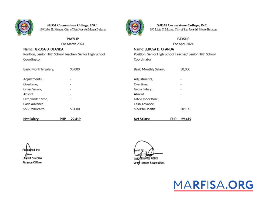 SJDM Cornerstone College payslip шаблон