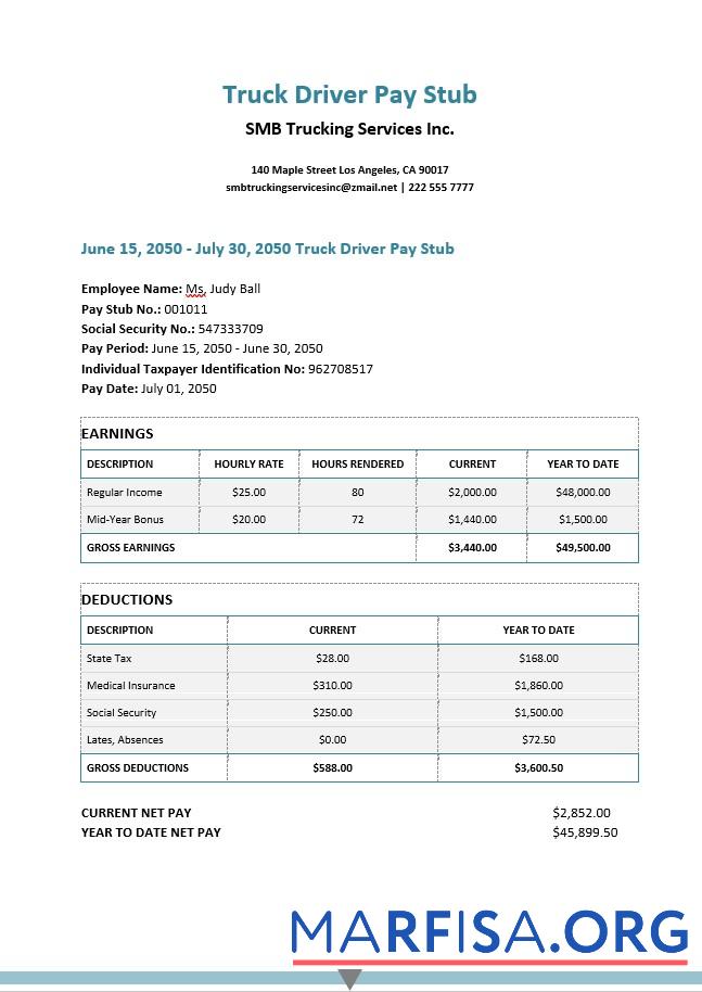 SMB trucking services Inc. pay stubs шаблон