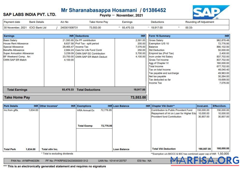 Sap Labs Payslip макет