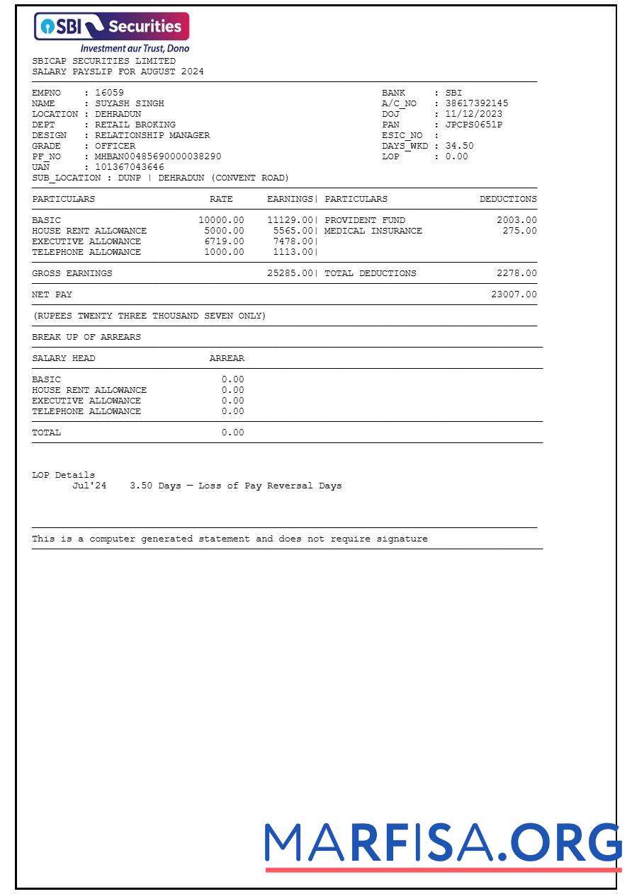 Sbicap Securities payslip образец
