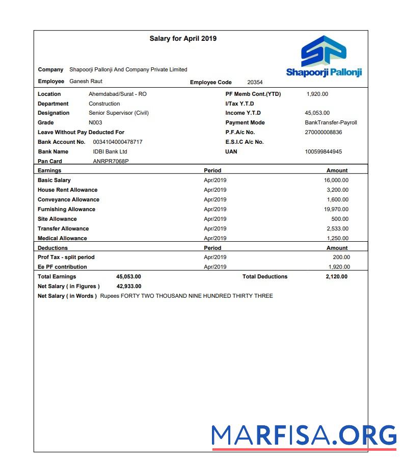 Shapoorji Pallonji employee pay stubs макет
