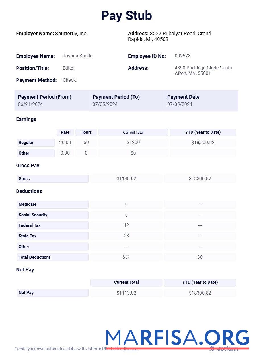 Shutterfly, Inc. pay stub дизайн