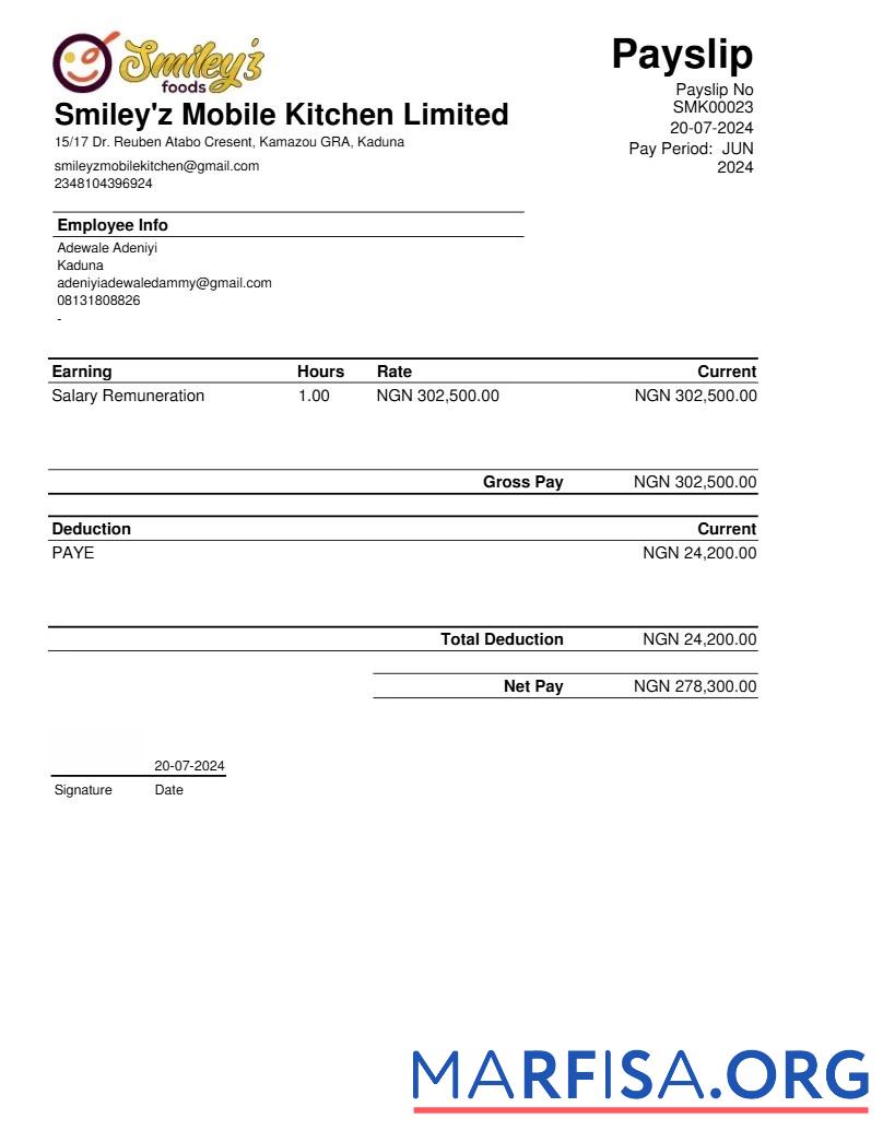 Smiley'z Mobile Kitchen payslip шаблон