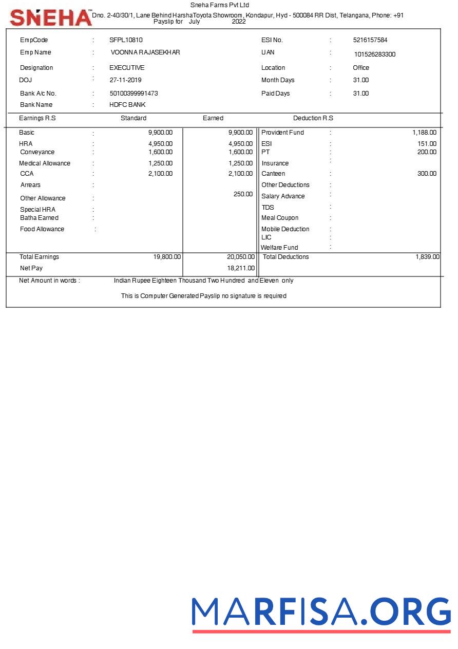 Sneha Farms payslip макет