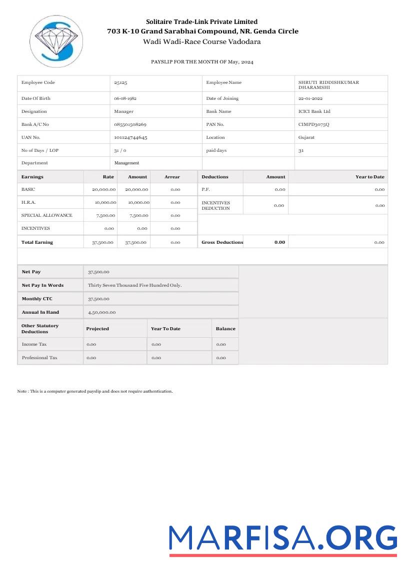 Solitaire Trade Link payslip шаблон