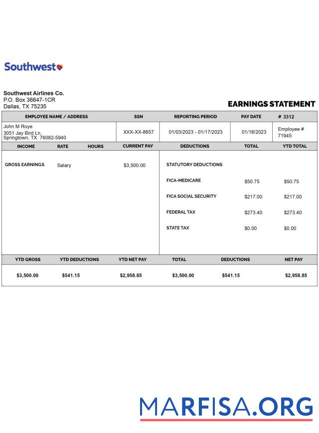 Southwest Airlines CO earnings statements шаблон