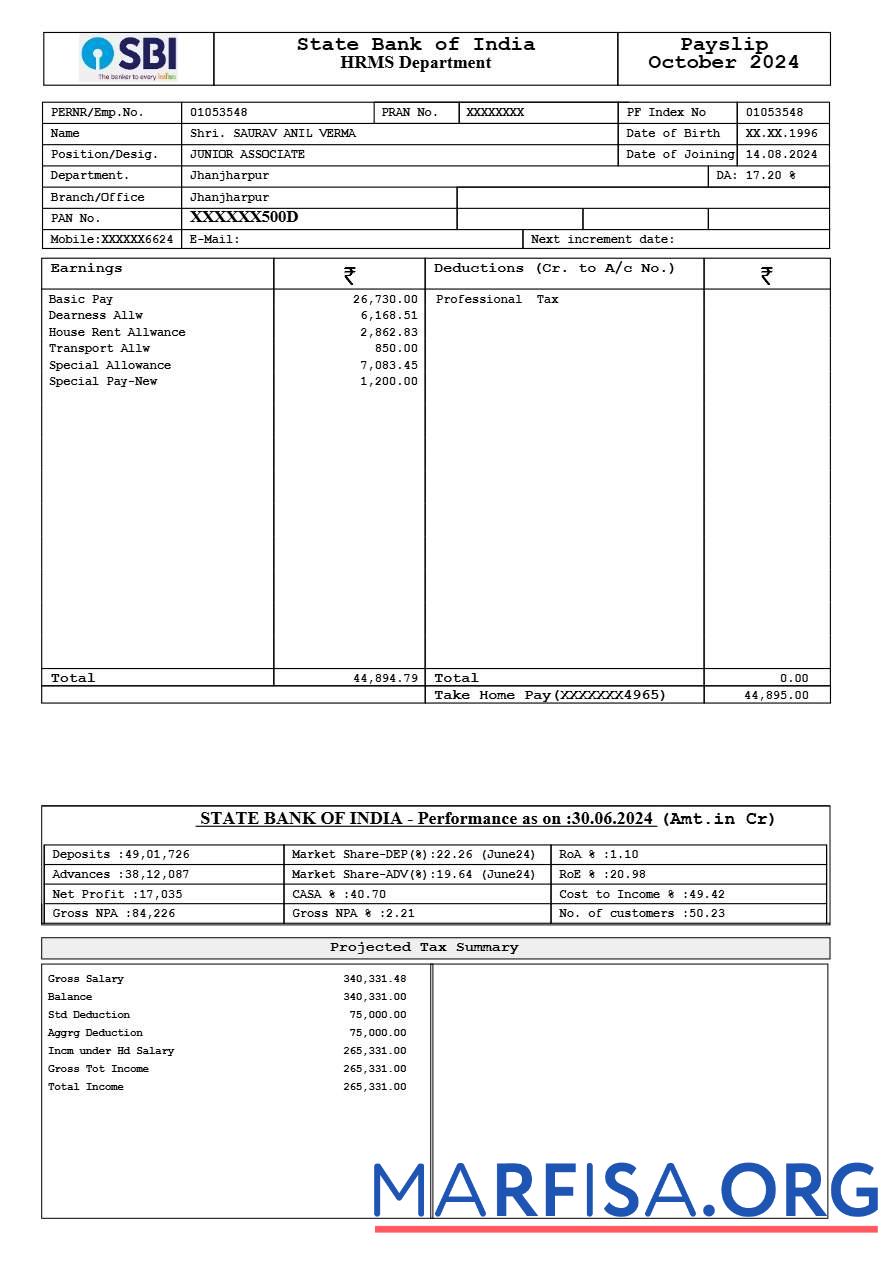 State Банковский of Индия payslip предпросмотр