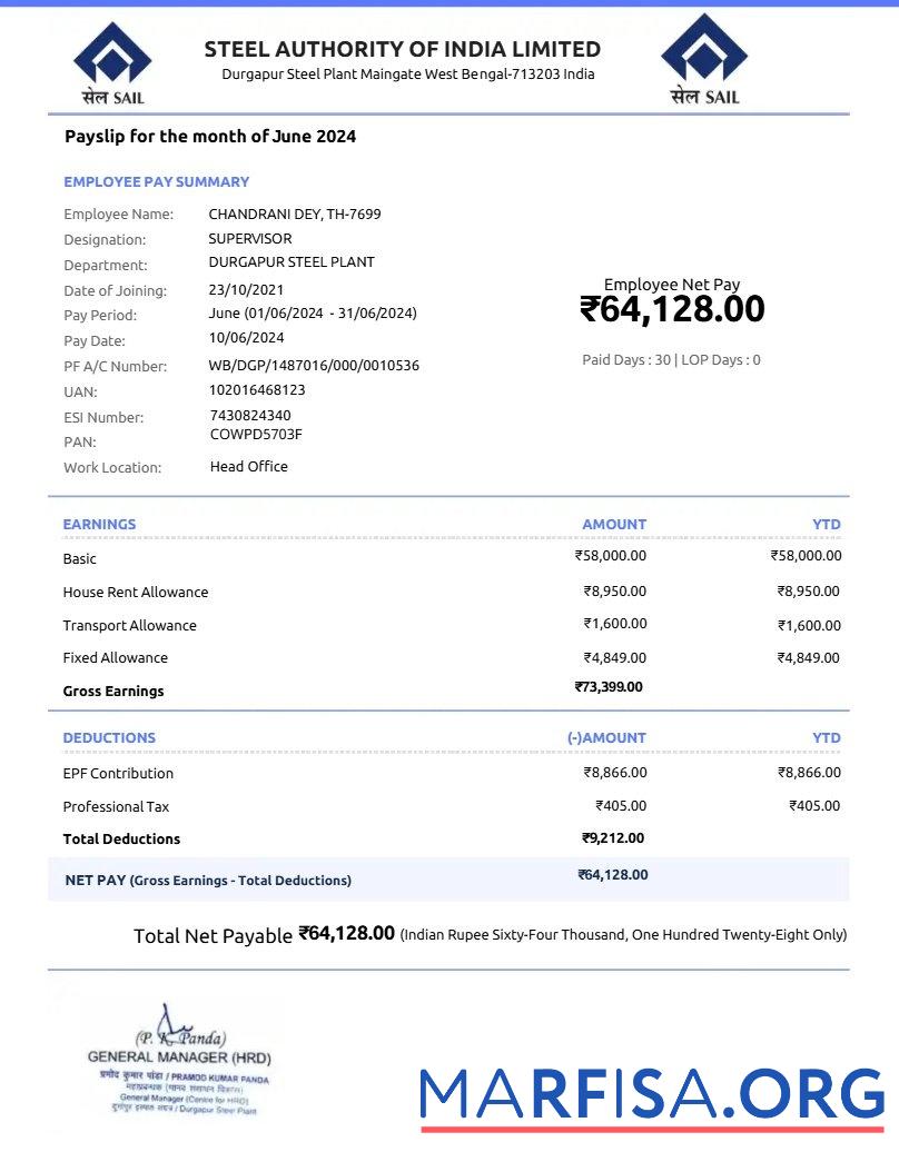 Steel Authority of Индия payslip образец