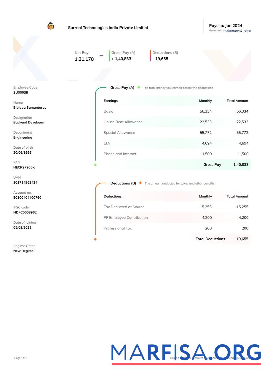 Surreal Technologies Индия payslip шаблон