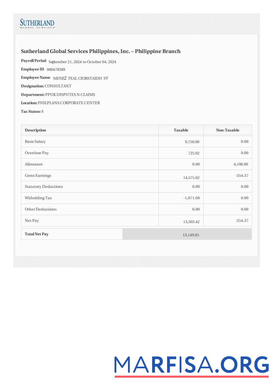 Sutherland Global Services Филиппины payslip шаблон
