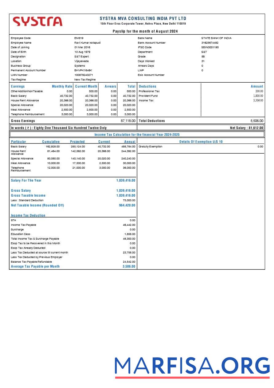 Systra MVA Consulting Индия payslip предпросмотр
