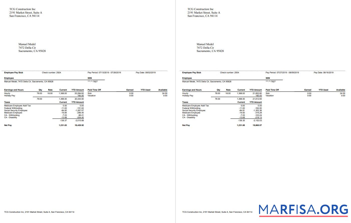 TCG Construction Inc. Employee Paystub макет