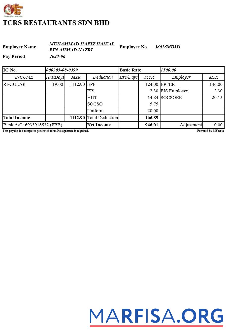 TCRS Restaurants payslip образец