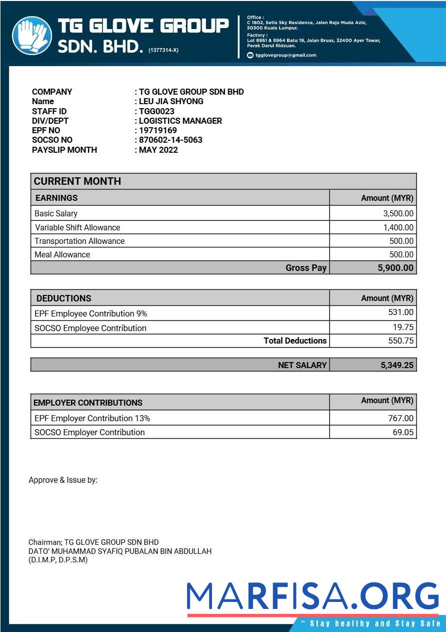 TG Glove Group manufacture payslip образец