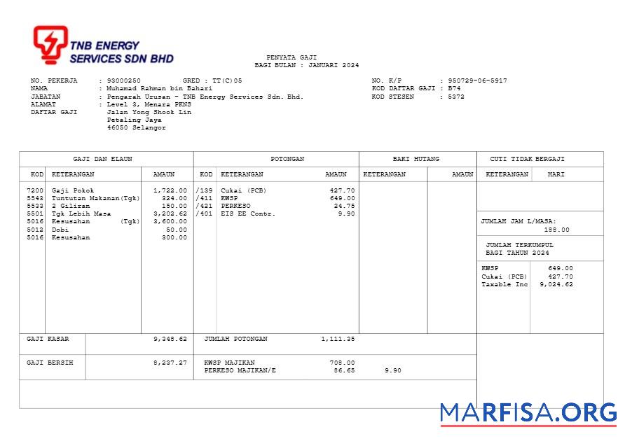 TNB Energy Services payslip макет