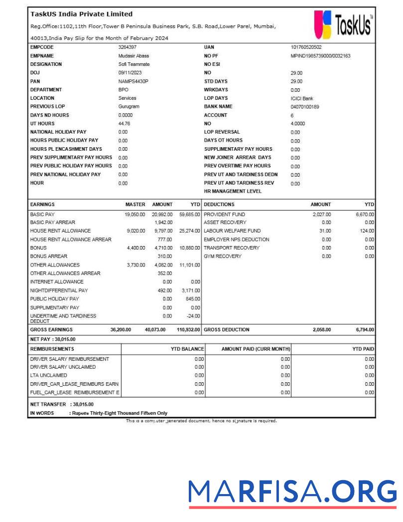 TaskUS Индия payslip макет