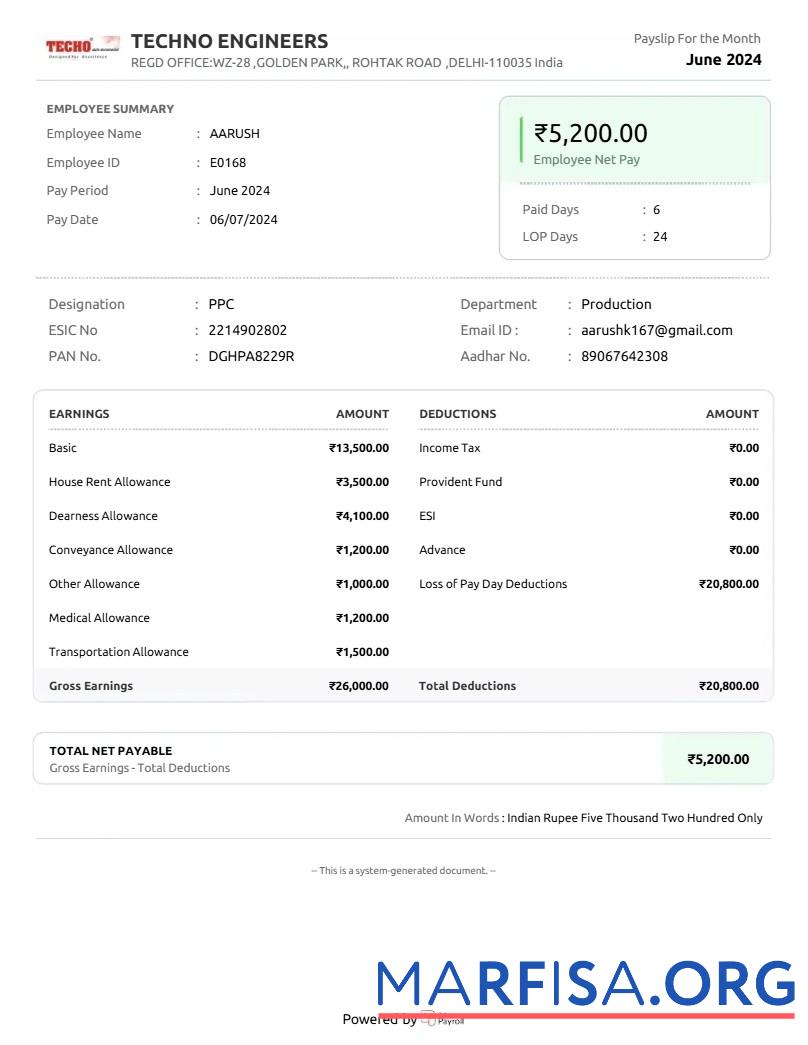 Techno Engineers payslip предпросмотр