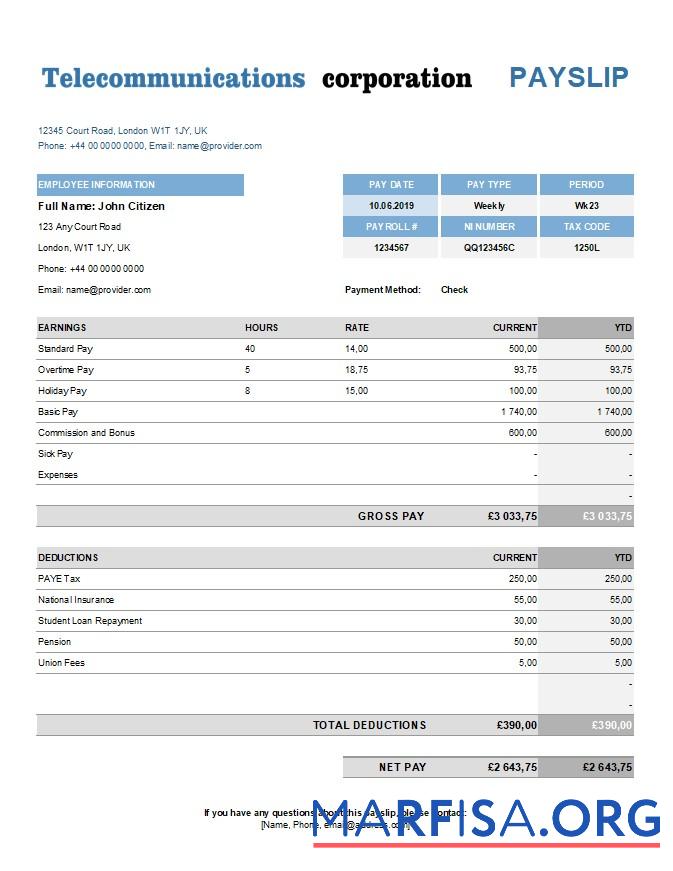 Telecommunications corporation earning Выписка из банка in образец