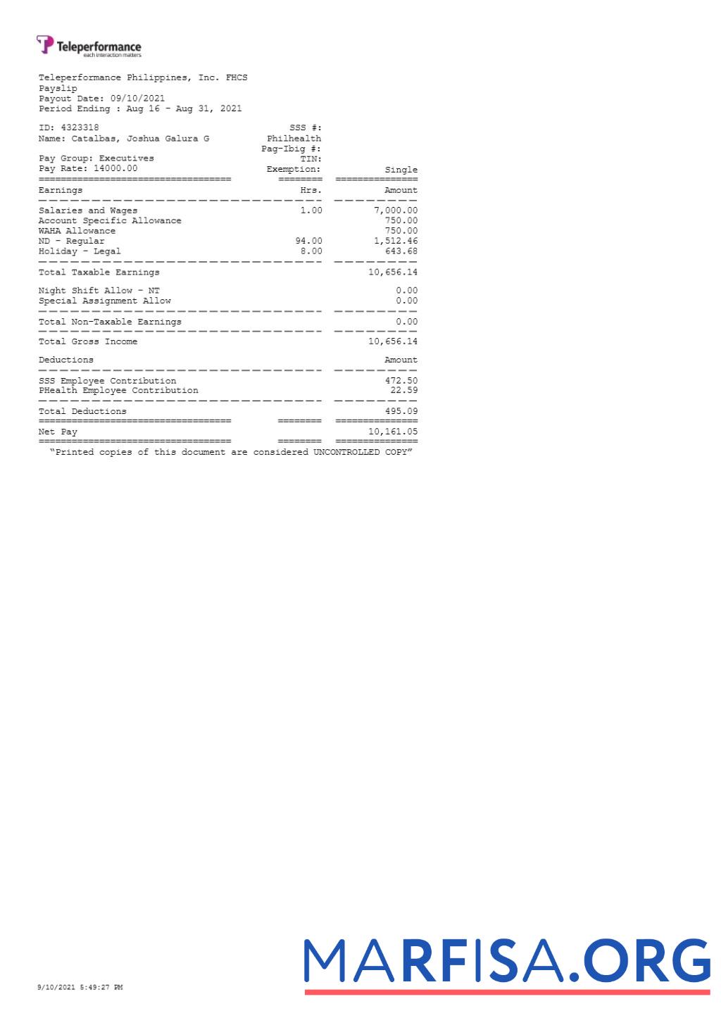 Teleperformance Филиппины payslip образец