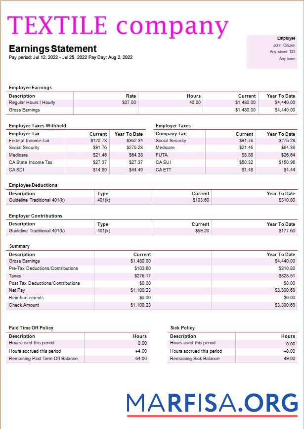 текстиль Компания payroll образец