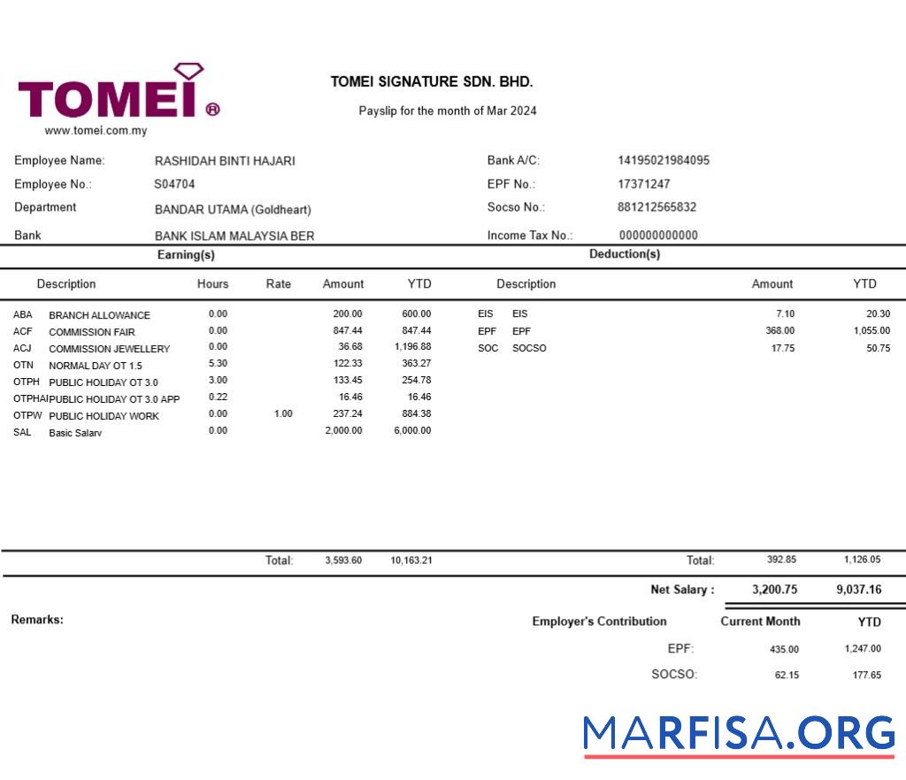 Tomei Подпись jewellery payslip предпросмотр