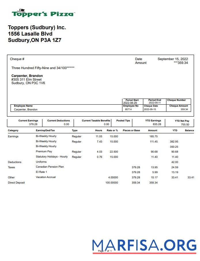 Topper's Pizza pay stub шаблон
