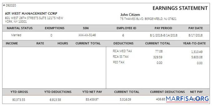США 601 WEST management corporation payslip образец
