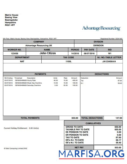 США Advantange resourcing paystub шаблон