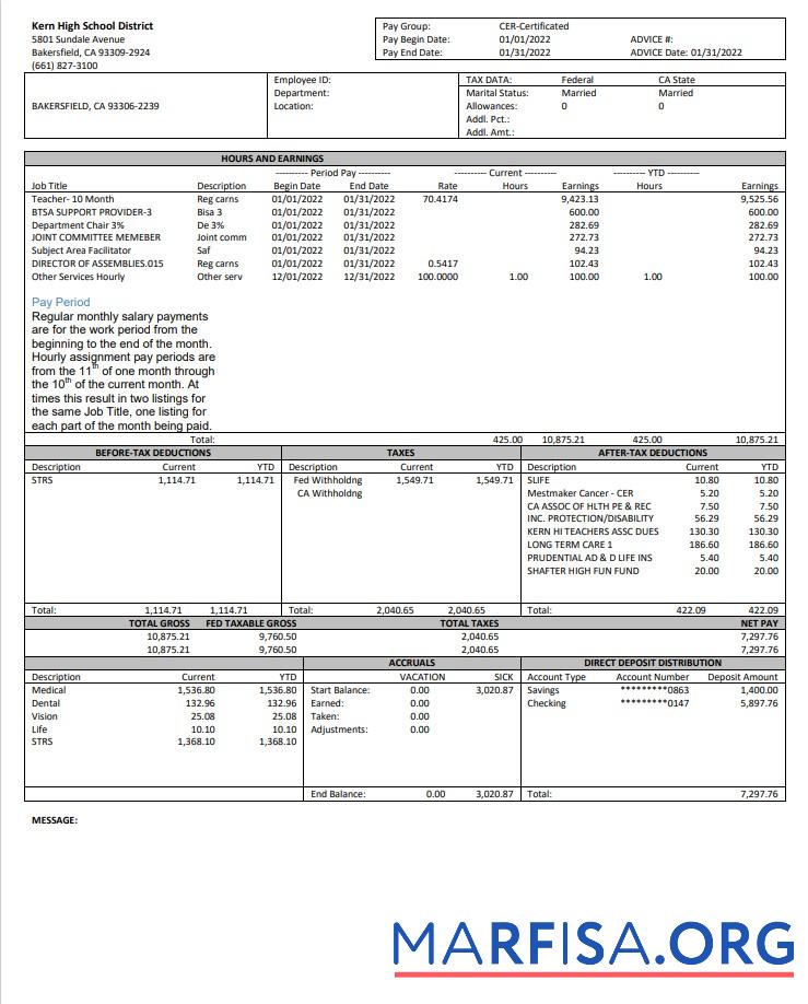 США California Kern highschool District earnings образец