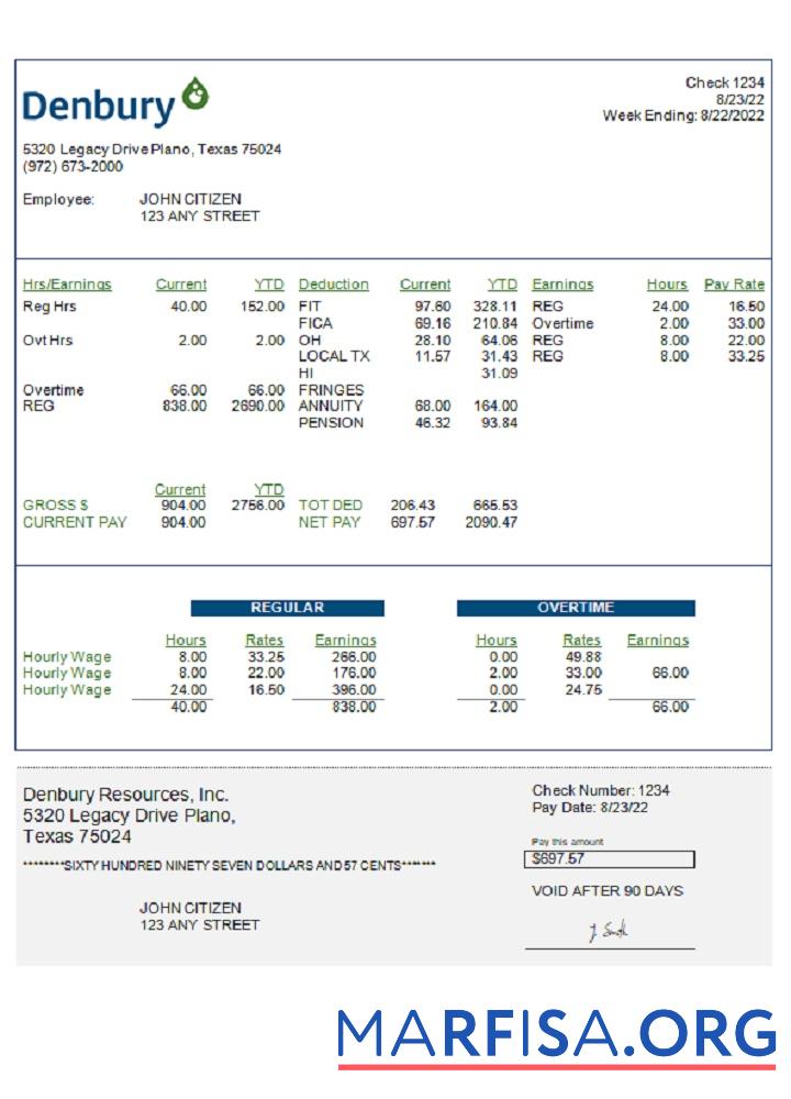 США Denbury Resources Inc. oil & Газ Компания pay stub шаблон
