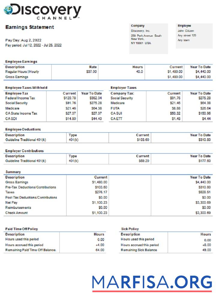 США Discovery Inc. entertainment Компания pay stub макет