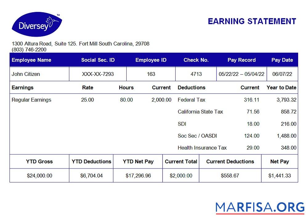 США Diversey household Товары Компания pay stub шаблон